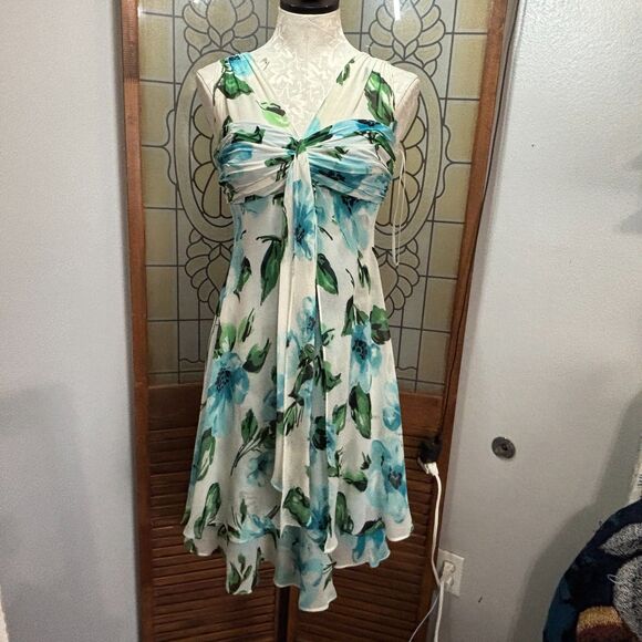 Donna Ricco Blue Midi Summer 100% Silk Flowy Fairy Sleeveless Dress Size 4 - Picture 1 of 15